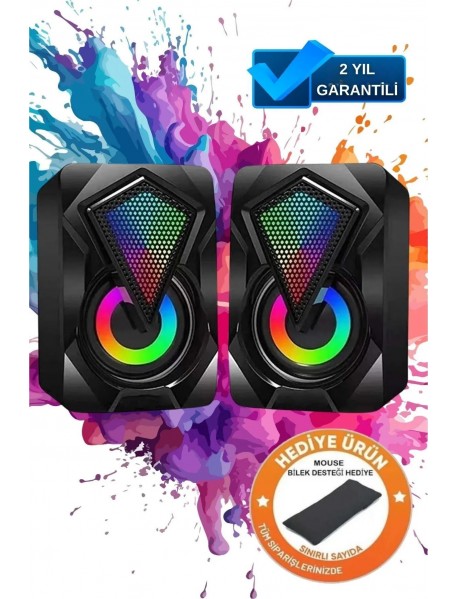 Zineets Bilgisayar Hoparlörü Rgb Led Işıklı Gaming Oyuncu Hoparlörü 3.5mm Jack Usb Speaker 1+1 Ses Sistemi